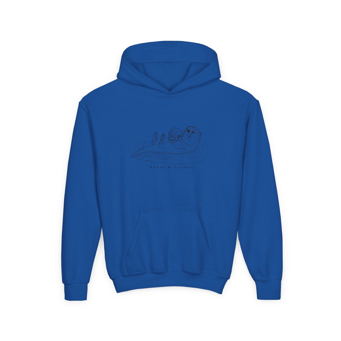 Blue hoodie with a hand-drawn sea otter by heart and harbor.