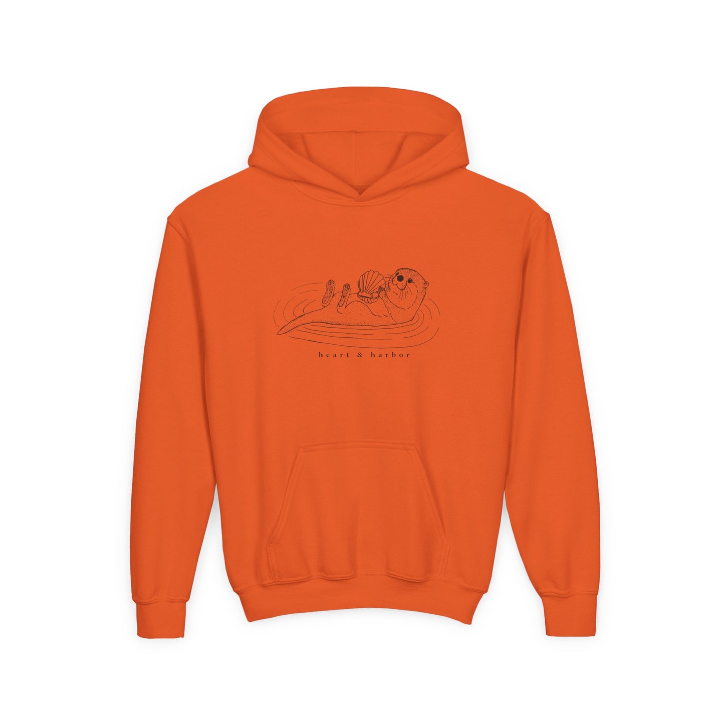 Orange hoodie with a hand-drawn sea otter by heart and harbor.
