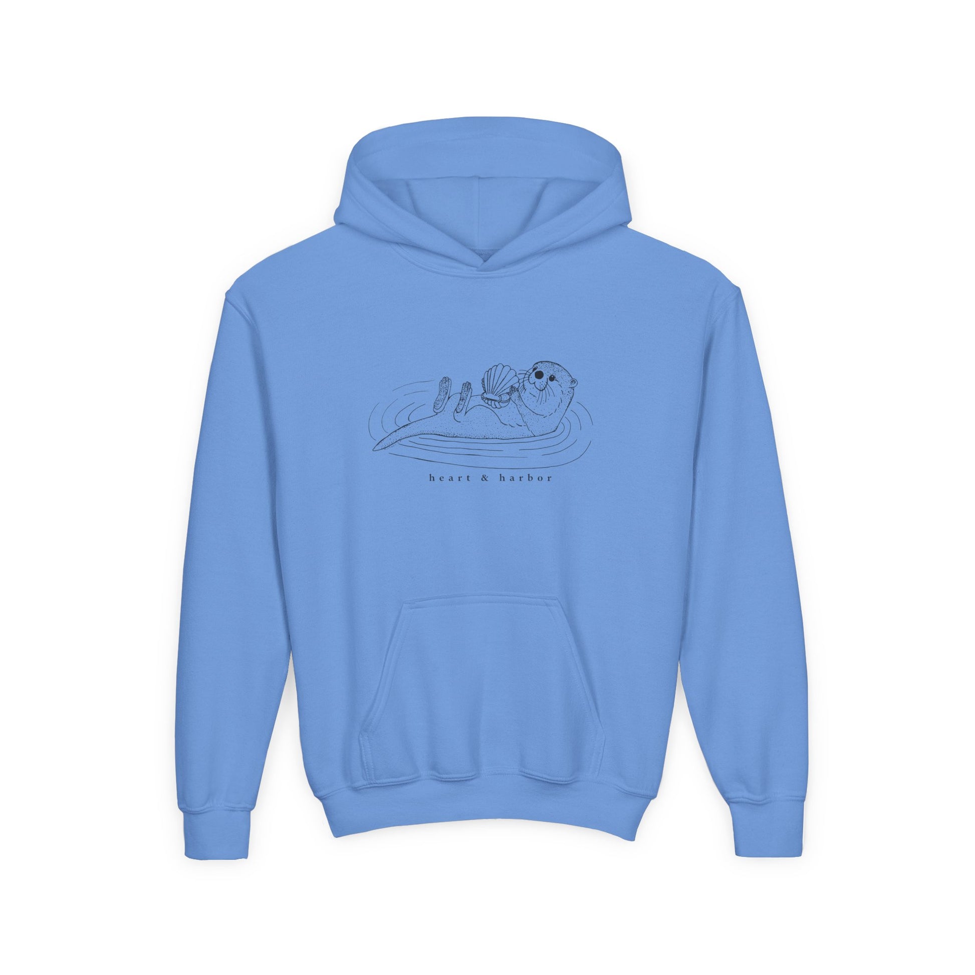 blue hoodie with a hand-drawn sea otter by heart and harbor.