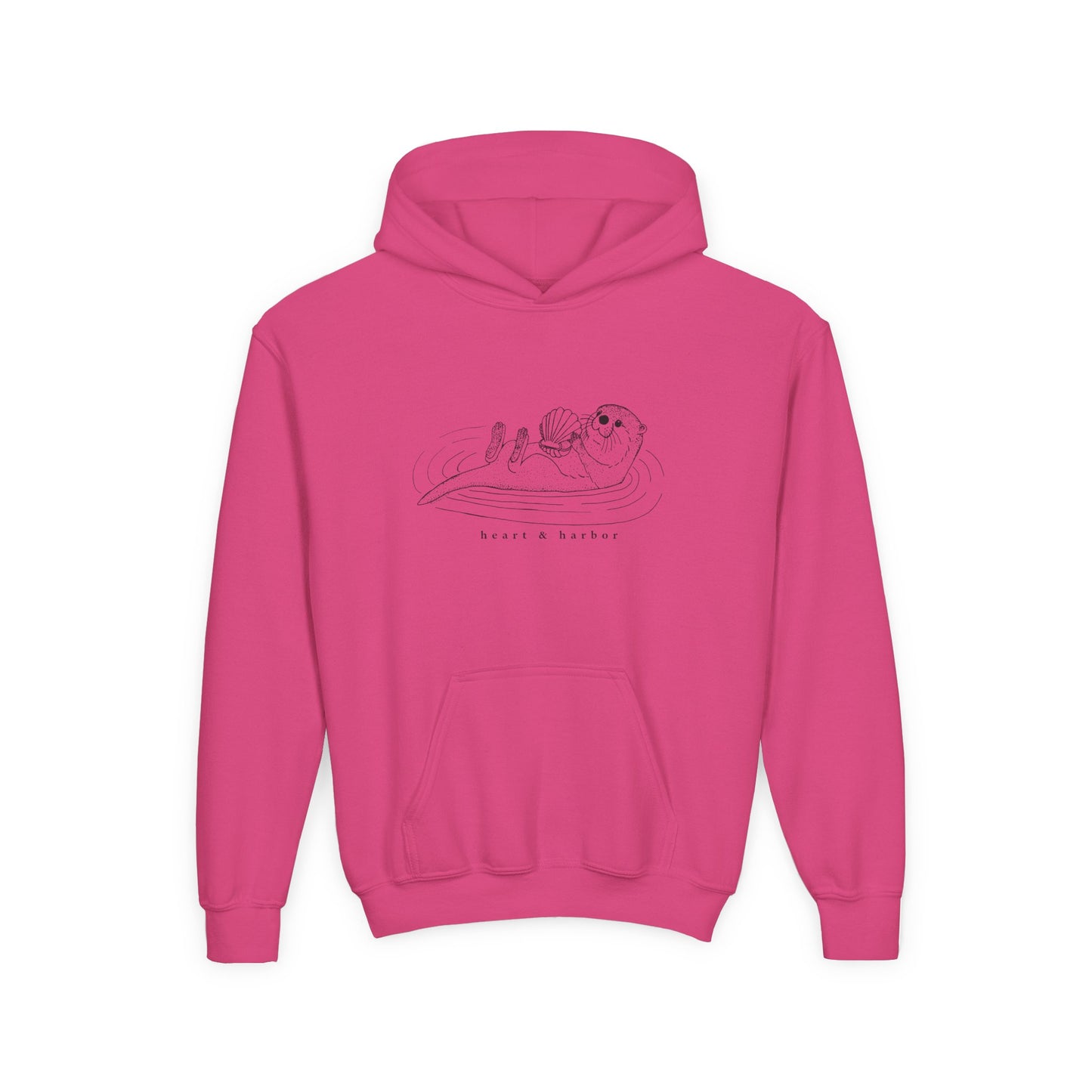Pink hoodie with a hand-drawn sea otter by heart and harbor.