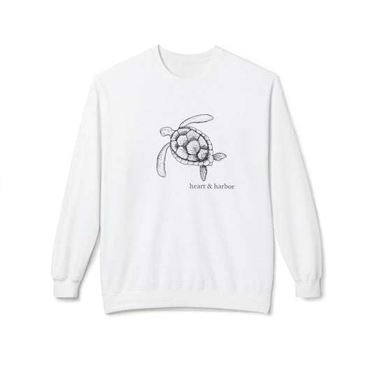 White crew neck sweatshirt with a hand-drawn turtle design by heart and harbor.