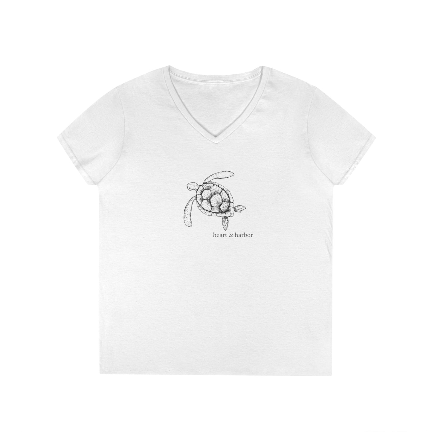 White t-shirt with a hand-drawn sea turtle by heart & harbor