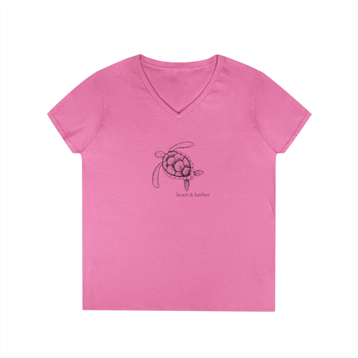 Pink t-shirt with a hand-drawn sea turtle by heart & harbor