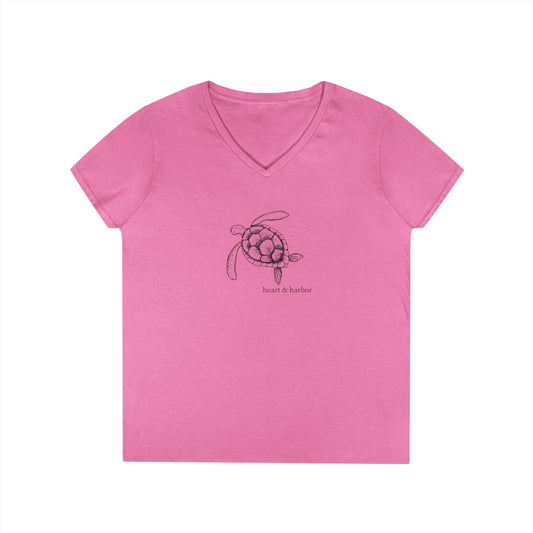 Pink t-shirt with a hand-drawn sea turtle by heart & harbor