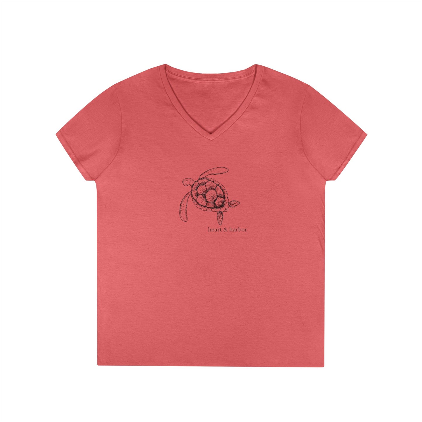 Coral Silk t-shirt with a hand-drawn sea turtle by heart & harbor