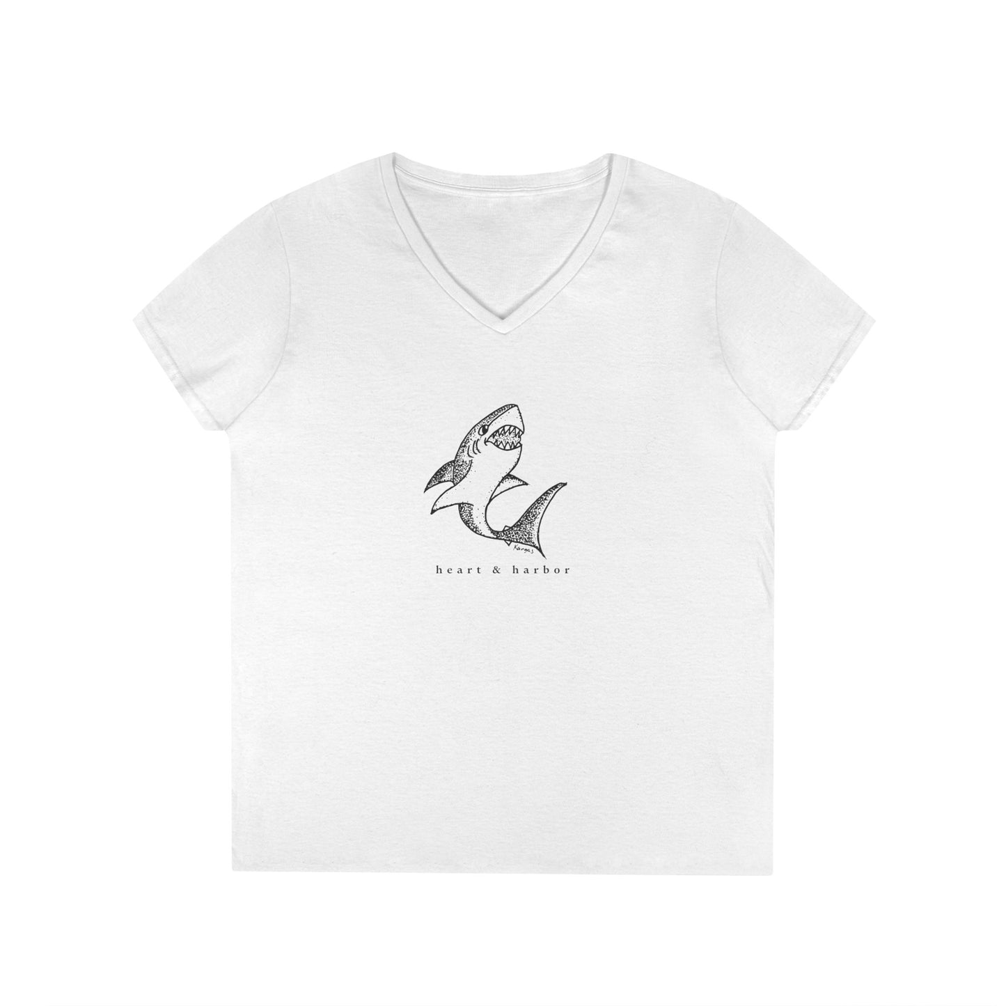 Shark | Hand-Drawn | Ladies V-Neck T-Shirt | Multiple Colors