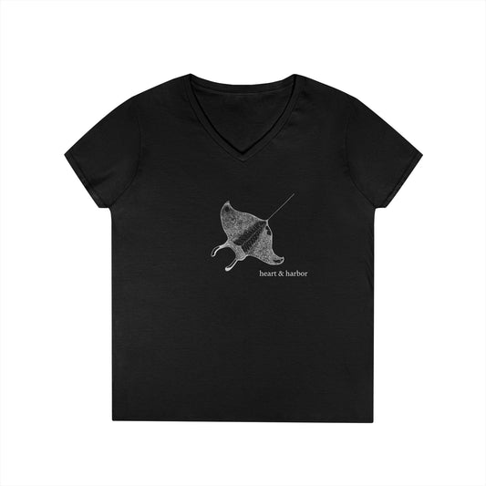 Manta Ray | Hand-Drawn | Ladies V-Neck T-Shirt | Multiple Colors