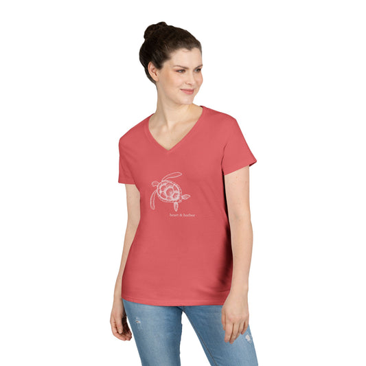Sea Turtle Ladies V-Neck T-Shirt - White Ink