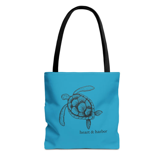 Turquoise Tote Bag with Hand Drawn Turtle Design