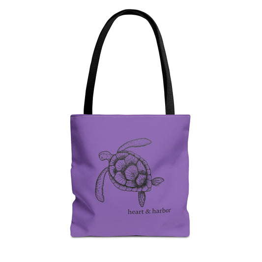 Purple Tote Bag with Hand Drawn Turtle Design