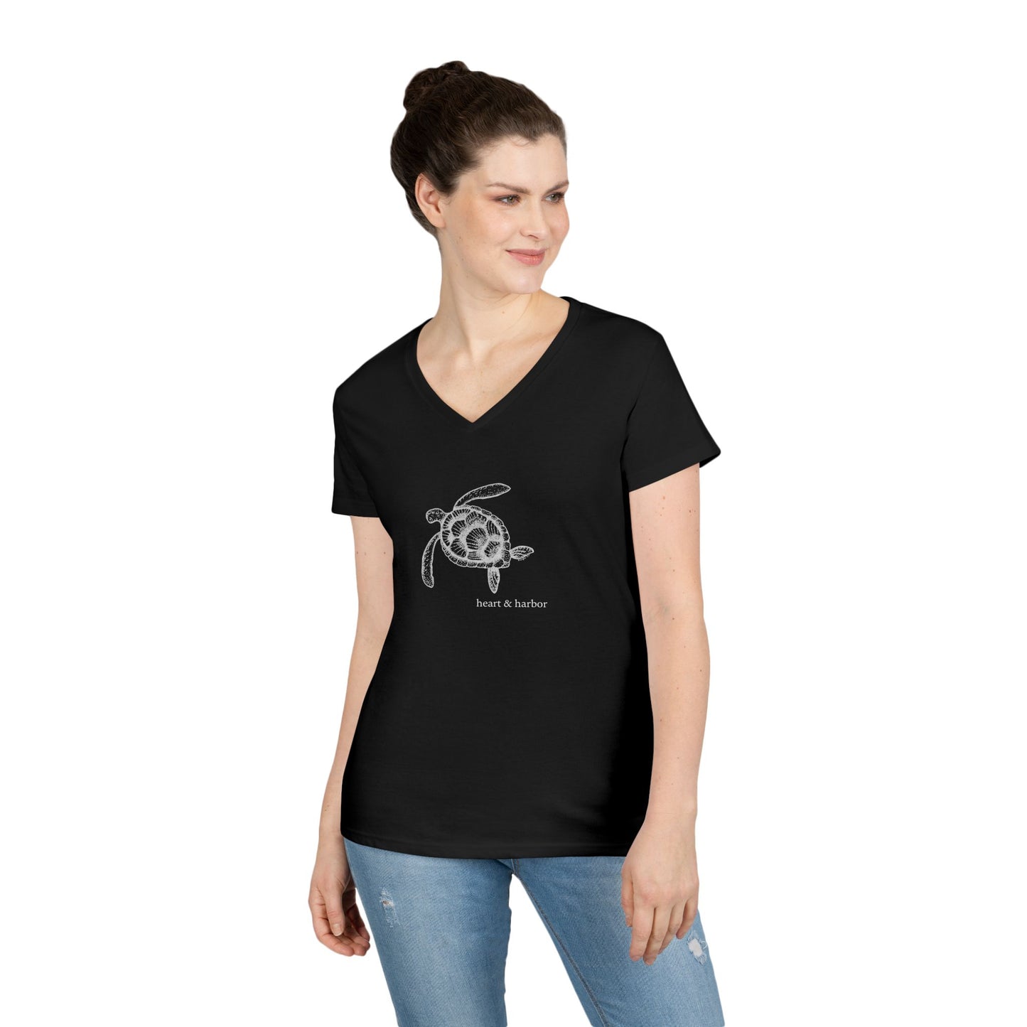 Sea Turtle Ladies V-Neck T-Shirt - White Ink