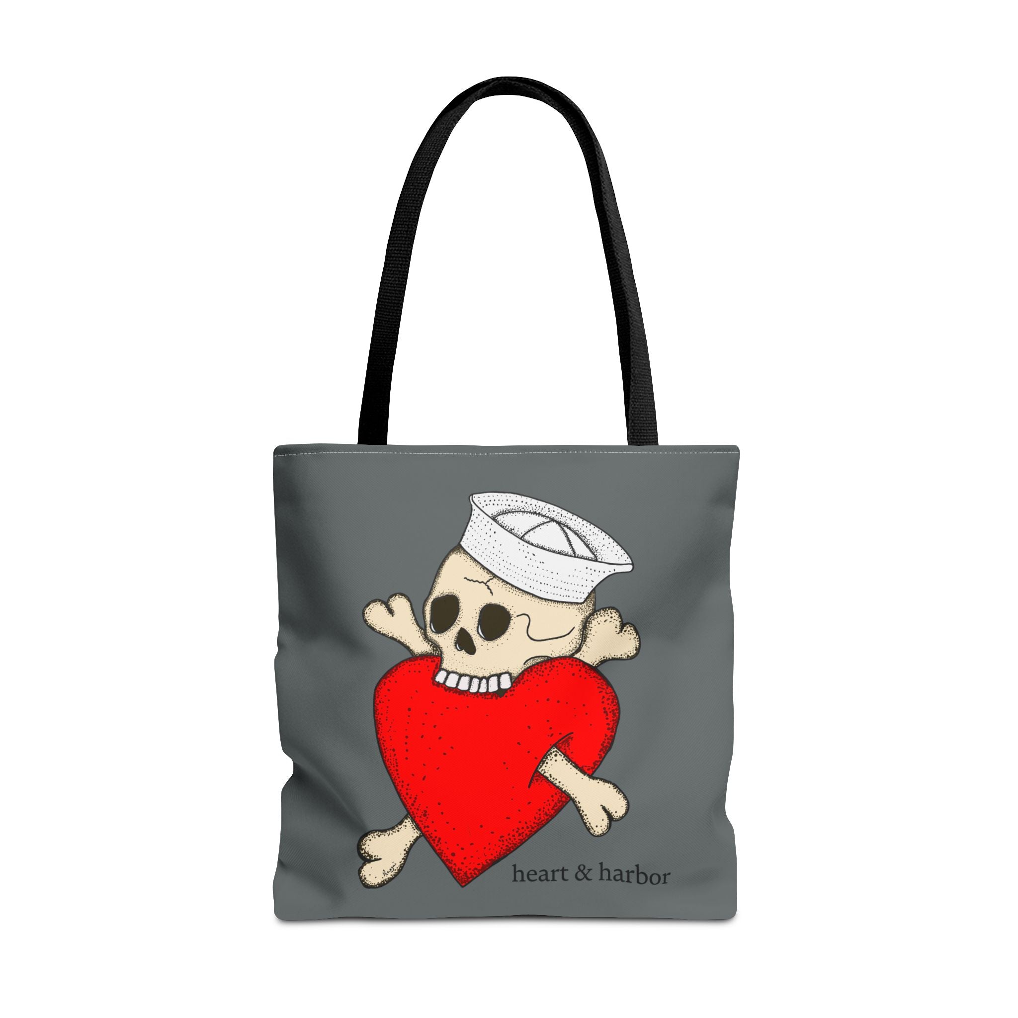 "Eat Your Heart Out" Sailor Skull Tote Bag | Durable Tote Bag | Heart & Harbor | Grey