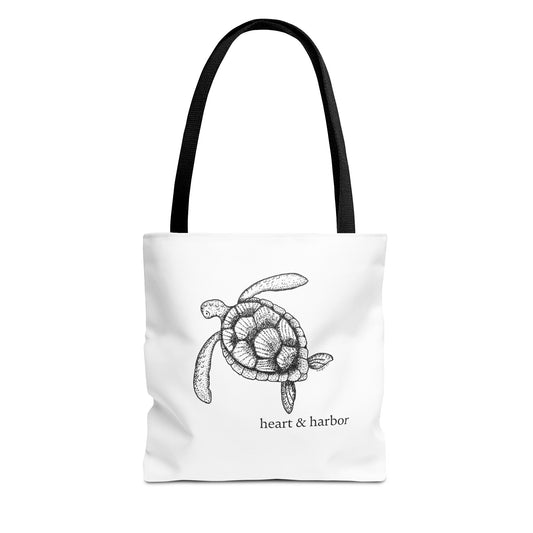 White Tote Bag with Hand Drawn Turtle Design