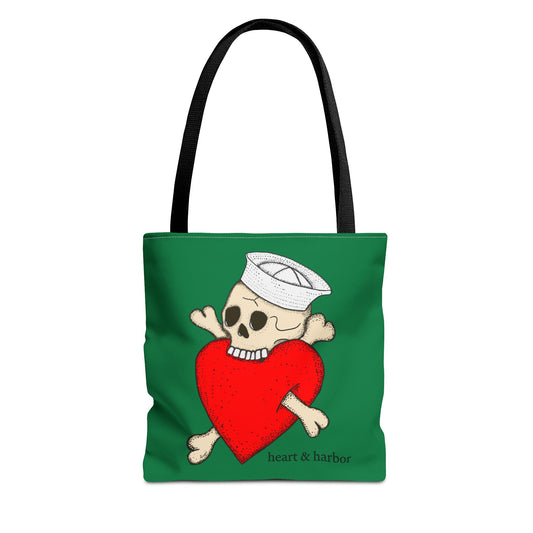 "Eat Your Heart Out" Sailor Skull Tote Bag | Durable Tote Bag | Heart & Harbor | Green