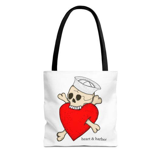 "Eat Your Heart Out" Sailor Skull Tote Bag | Durable Tote Bag | Heart & Harbor | White