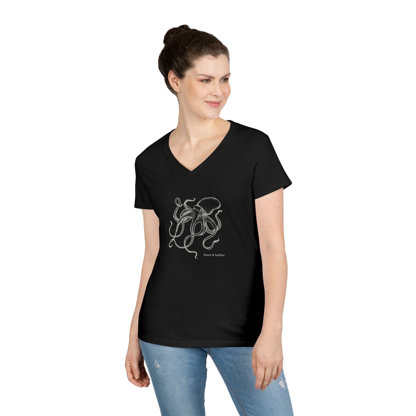 Octopus V-Neck T-Shirt for Women - Heart & Harbor - Black -Nautical Sea Life Tee