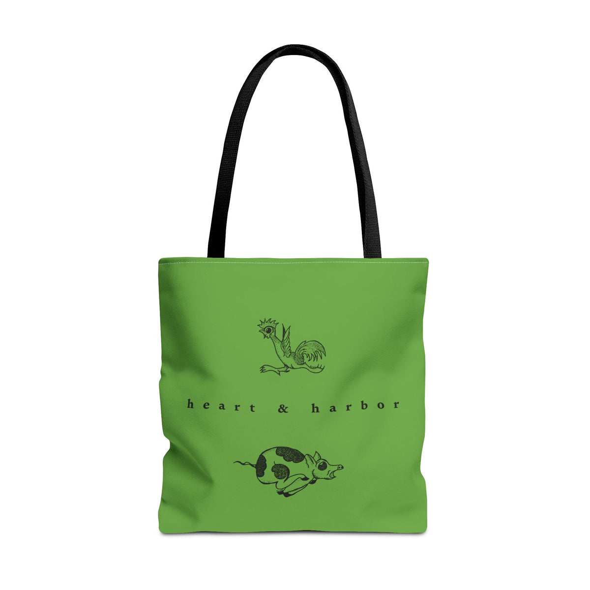 Green Chicken & Pig tote bag with black handles featuring original hand-drawn sailor tattoo artwork by Heart & Harbor