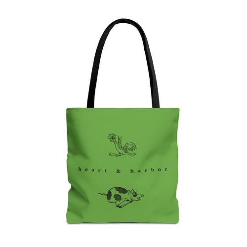 Green Chicken & Pig tote bag with black handles featuring original hand-drawn sailor tattoo artwork by Heart & Harbor