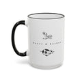 15 oz white ceramic mug with black interior and handle featuring original hand-drawn Chicken & Pig artwork