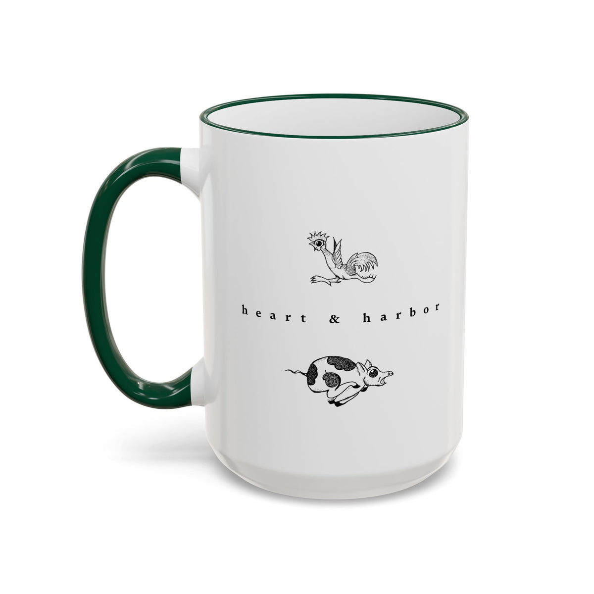 15 oz white ceramic mug with green interior and handle featuring original Chicken & Pig nautical artwork