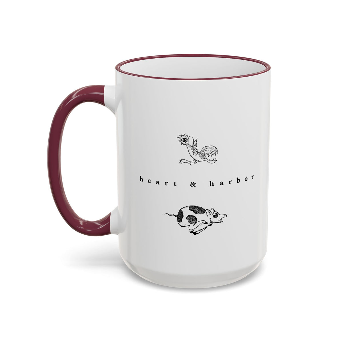 15 oz white ceramic mug with maroon interior and handle featuring hand-drawn Chicken & Pig sailor tattoo artwork