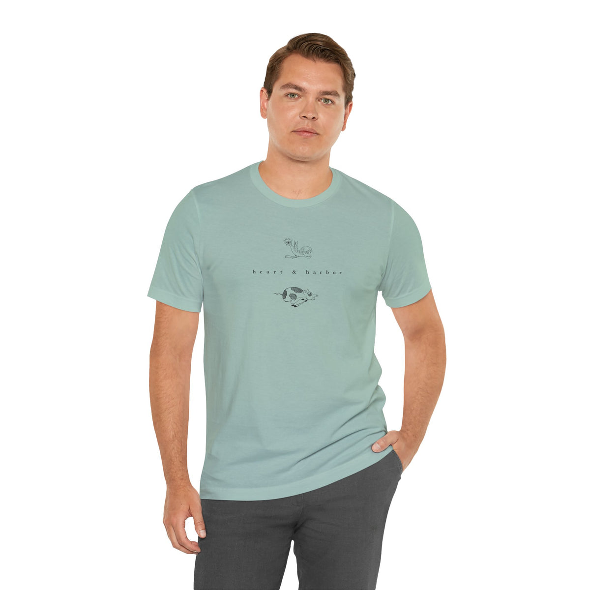 Dusty blue unisex tee with hand-drawn Chicken & Pig nautical artwork