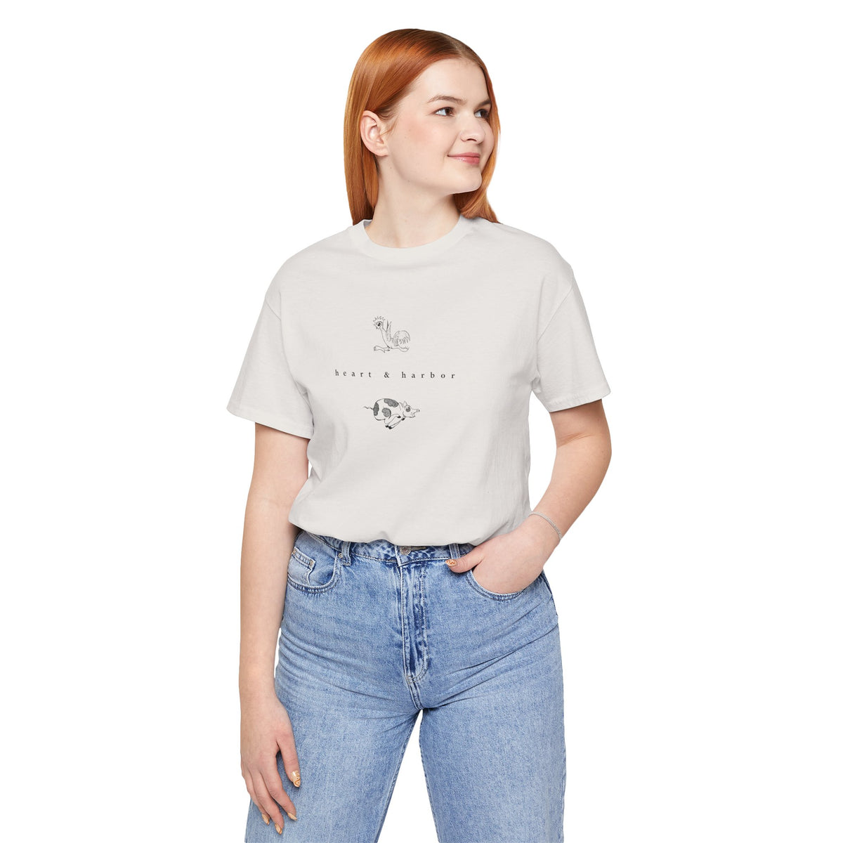 Vintage white unisex tee featuring hand-drawn Chicken & Pig nautical artwork