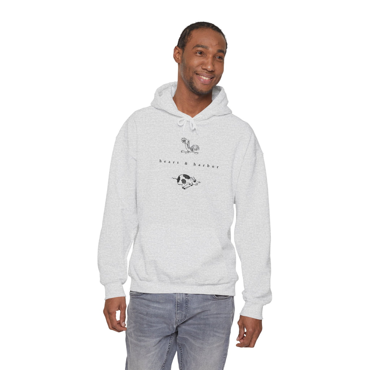 Ash gray unisex hoodie with original hand-drawn Chicken & Pig sailor tattoo artwork by Heart & Harbor