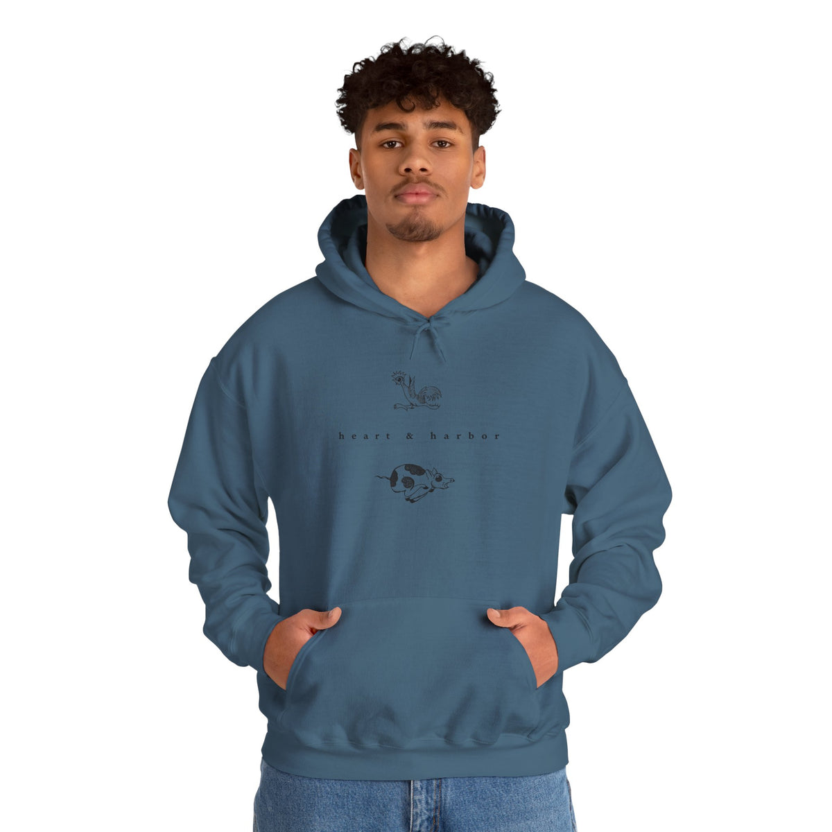 Indigo blue unisex hoodie with original Chicken & Pig sailor tattoo design