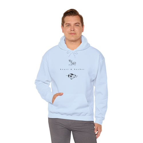 Light blue unisex hoodie featuring Heart & Harbor Chicken & Pig artwork
