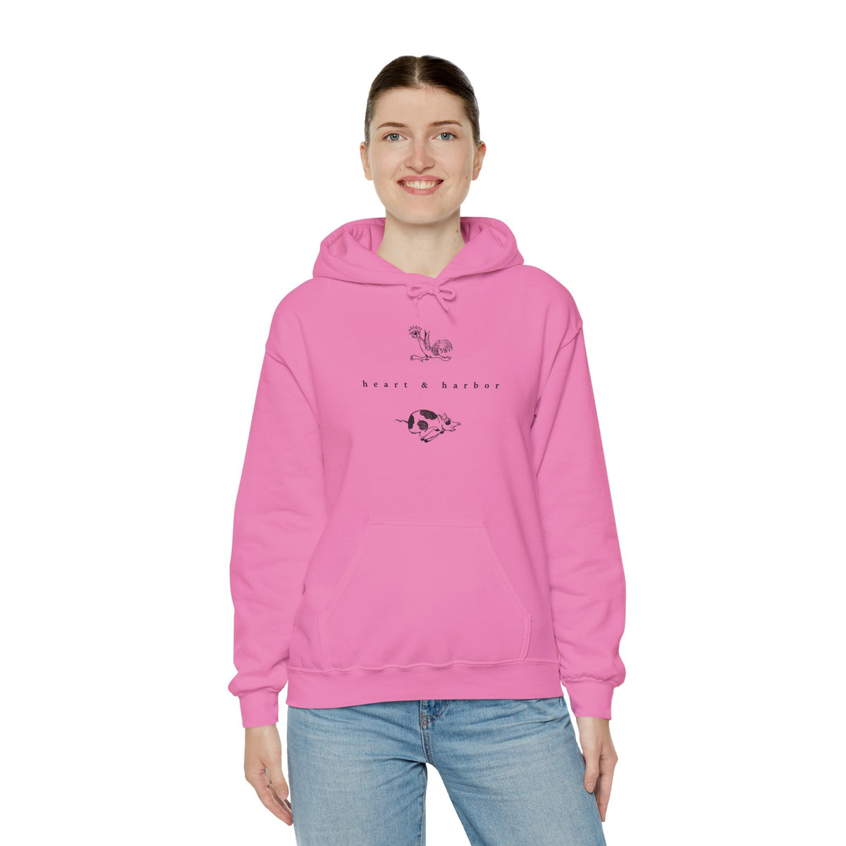 Pink unisex hoodie with original Chicken & Pig sailor tattoo design