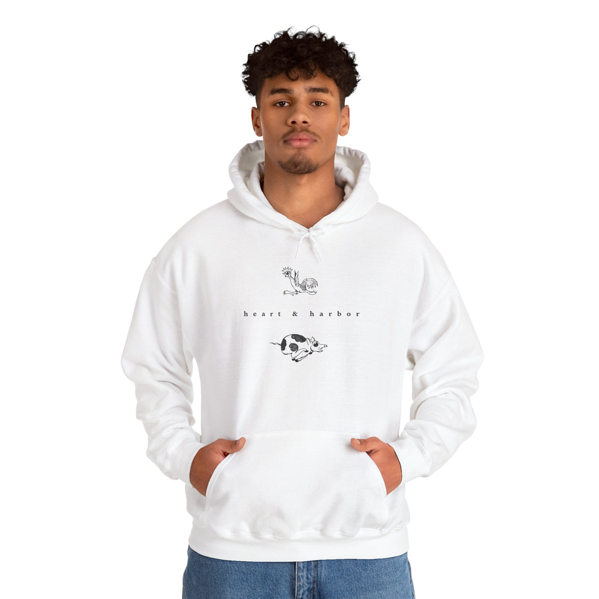 White unisex hoodie with original Chicken & Pig sailor tattoo design