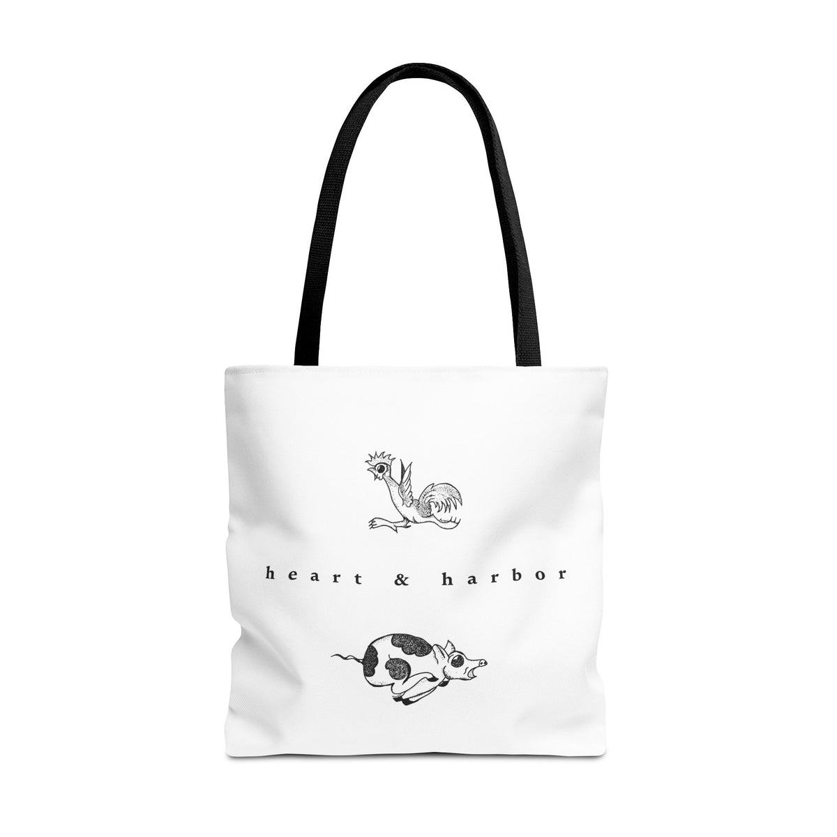 White Chicken & Pig tote bag with black handles featuring original hand-drawn sailor tattoo artwork by Heart & Harbor