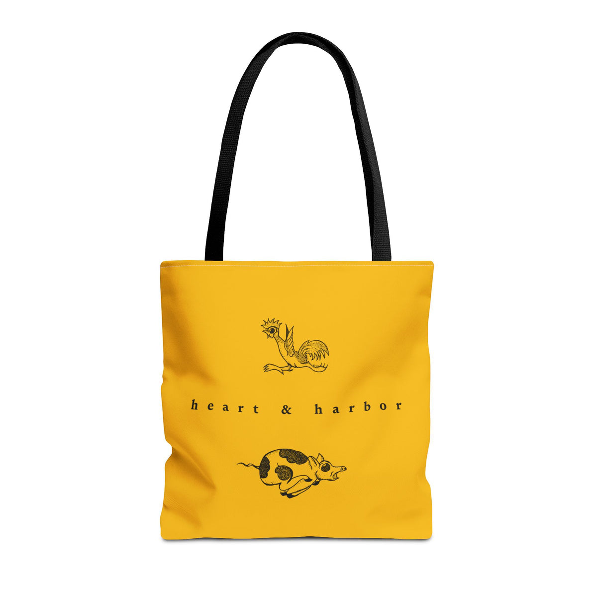 Yellow Chicken & Pig tote bag with black handles featuring original hand-drawn sailor tattoo artwork by Heart & Harbor