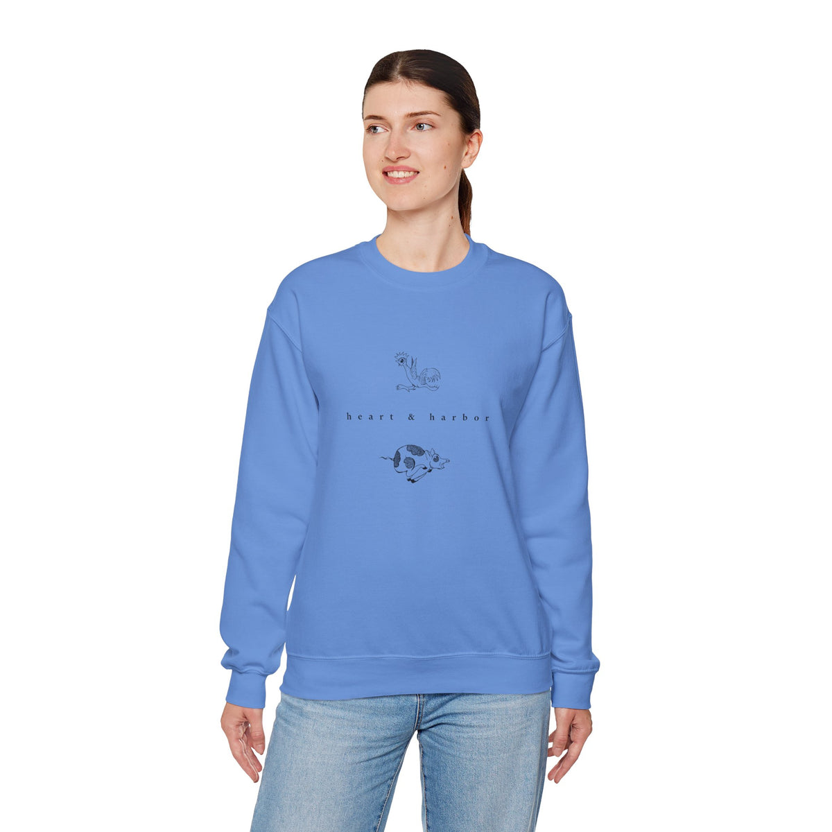 Blue unisex crewneck sweatshirt featuring hand-drawn Chicken & Pig nautical artwork