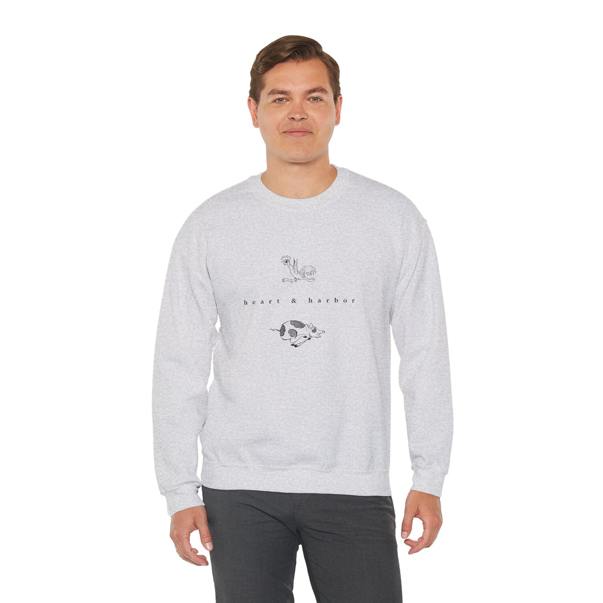 Ash gray unisex crewneck sweatshirt with original Chicken & Pig sailor tattoo design