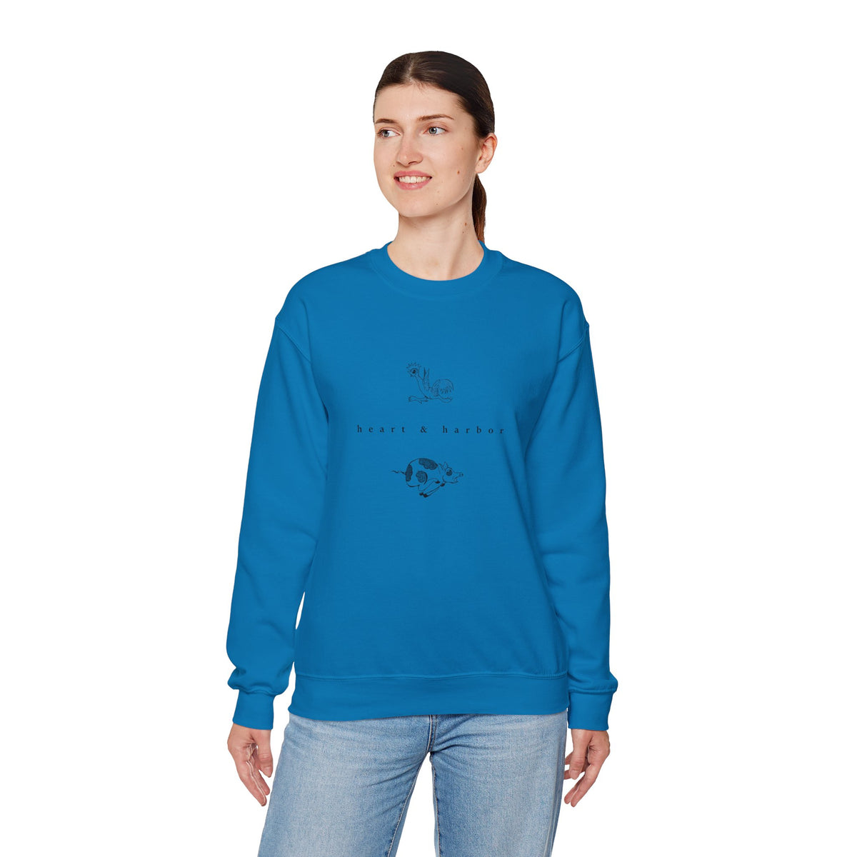 Sapphire unisex crewneck sweatshirt featuring hand-drawn Chicken & Pig nautical artwork