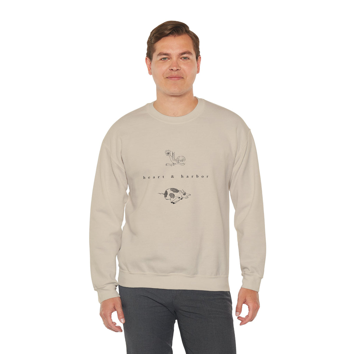 Sand unisex crewneck sweatshirt featuring hand-drawn Chicken & Pig nautical artwork