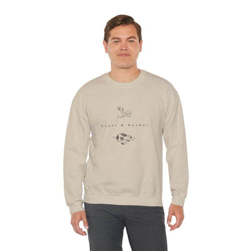 Sand unisex crewneck sweatshirt featuring hand-drawn Chicken & Pig nautical artwork