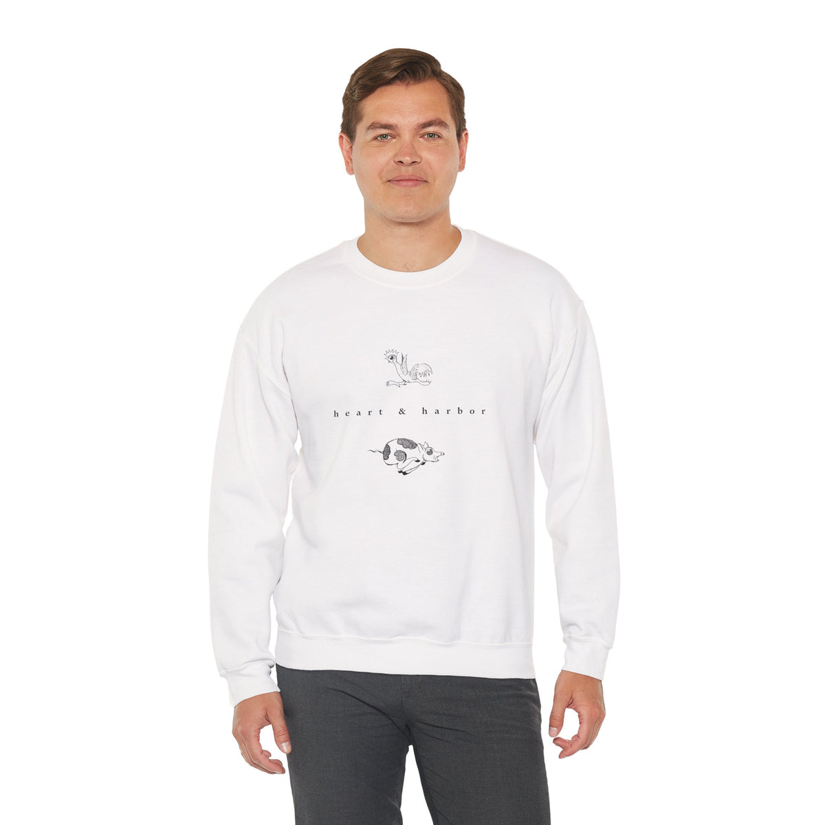 White unisex crewneck sweatshirt with original Chicken & Pig sailor tattoo design