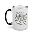 15 oz white ceramic mug with black handle and original hand-drawn Deep Octopus artwork