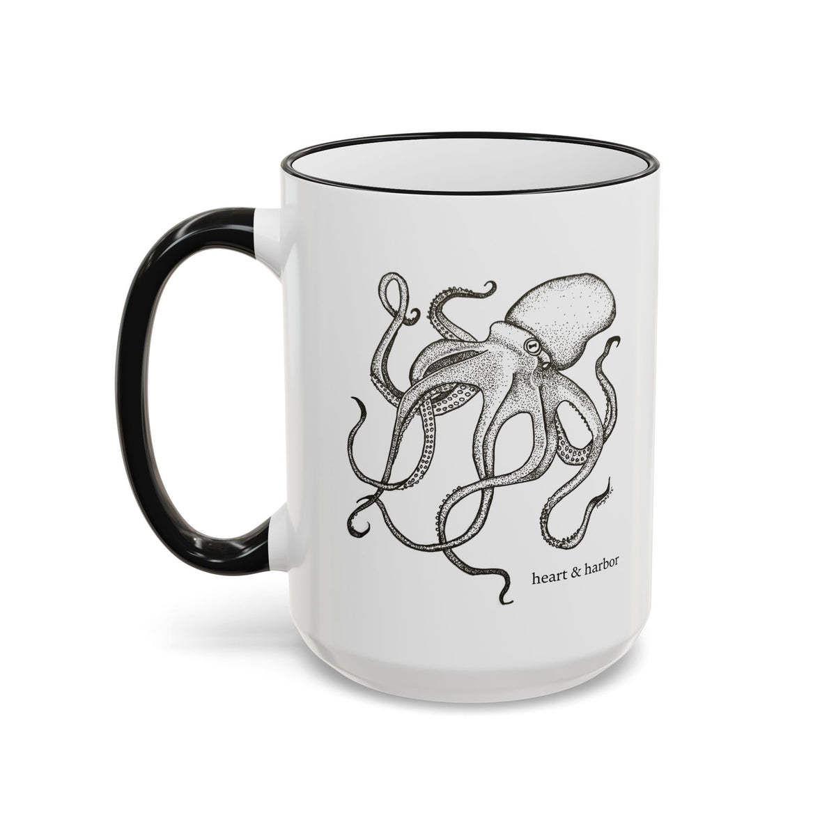 15 oz white ceramic mug with black handle and original hand-drawn Deep Octopus artwork