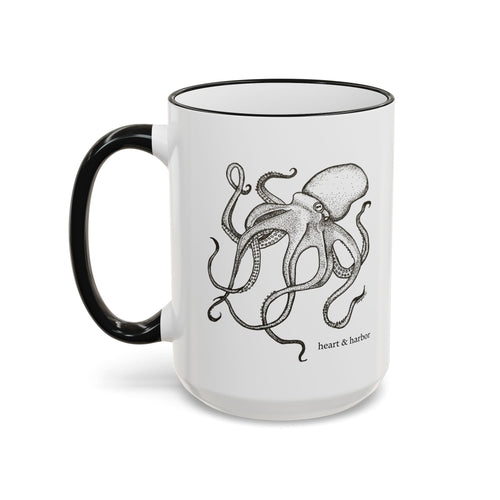 15 oz white ceramic mug with black handle and original hand-drawn Deep Octopus artwork