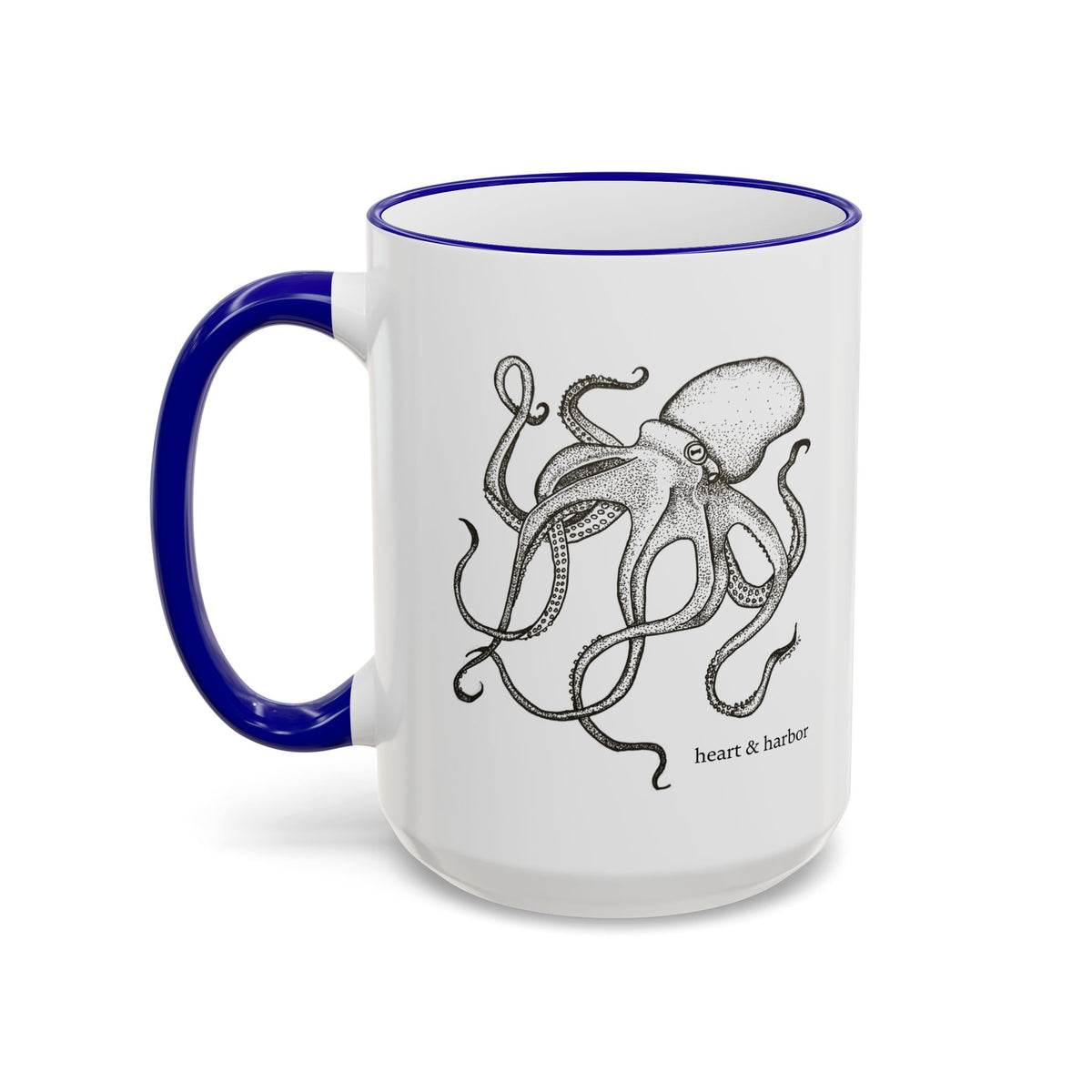 15 oz white ceramic mug with blue handle featuring Heart & Harbor octopus artwork