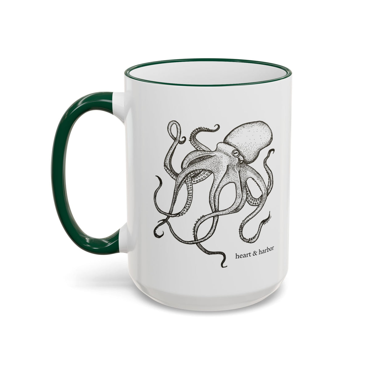 15 oz white ceramic mug with green handle featuring original hand-drawn octopus artwork