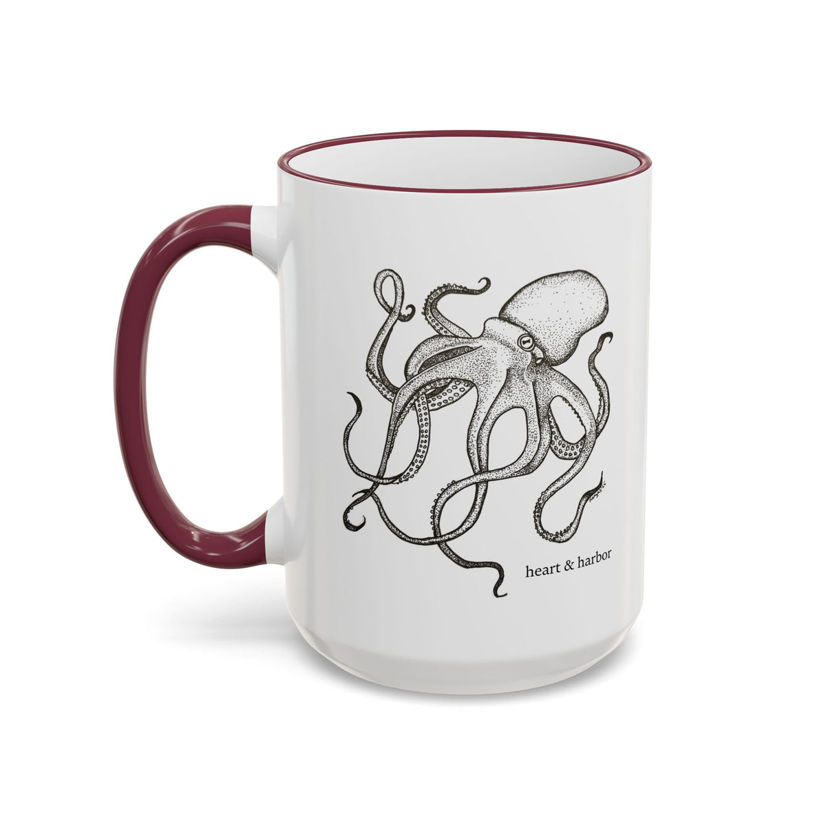 15 oz white ceramic mug with maroon handle and tattoo-inspired Deep Octopus design