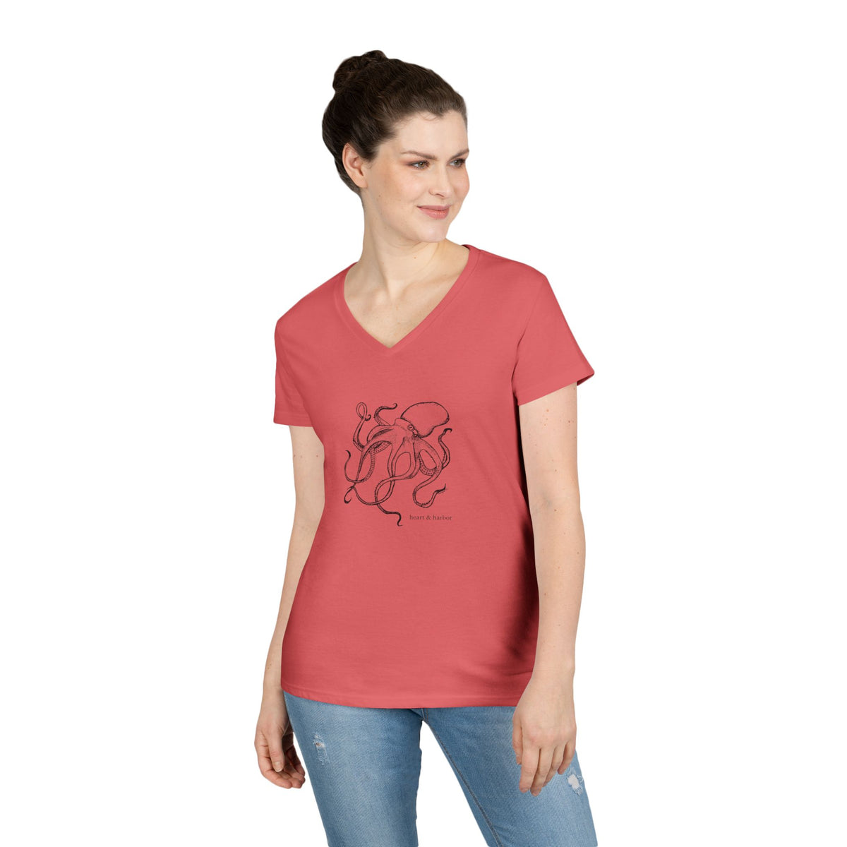 Coral Silk women’s V-neck tee with original Deep Octopus coastal design