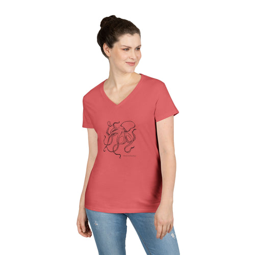 Coral Silk women’s V-neck tee with original Deep Octopus coastal design
