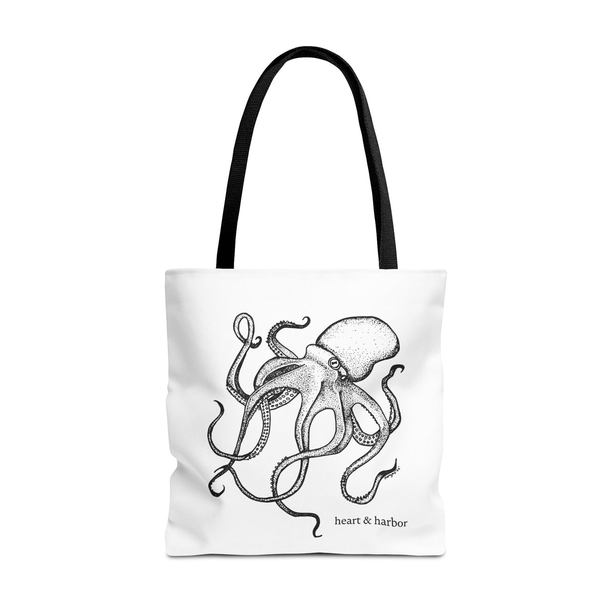 White tote bag with black handles and original hand-drawn Deep Octopus artwork by Heart & Harbor