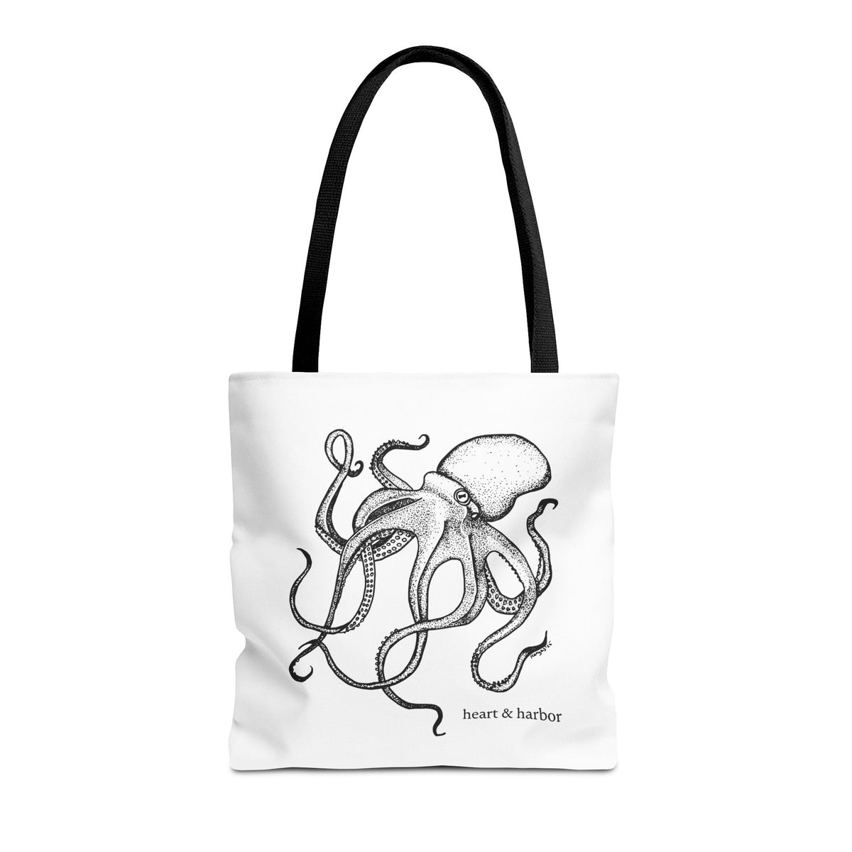White tote bag with black handles and original hand-drawn Deep Octopus artwork by Heart & Harbor